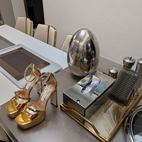 Jimmy 25 Platform Sandal Heels Gold Mirror TPU Material 240010