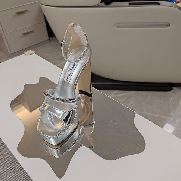 Jimmy 25 Platform Sandal Heels Silver Mirror TPU Material 240008