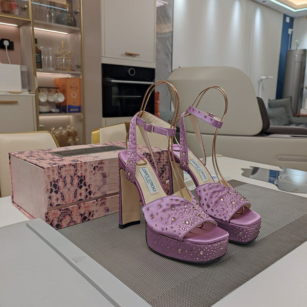 Jimmy 25 Sandalo con Plateau e Tacco in Raso di Seta Lilla Viola 240011