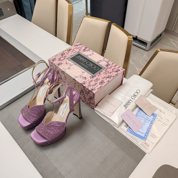 Jimmy 25 Sandalo con Plateau e Tacco in Raso di Seta Lilla Viola 240011