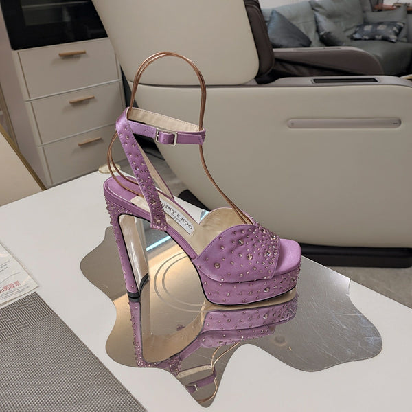 Jimmy 25 Sandalo con Plateau e Tacco in Raso di Seta Lilla Viola 240011