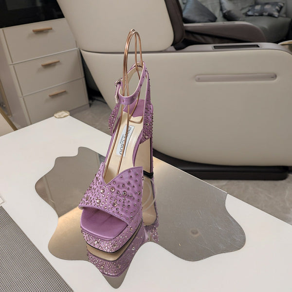 Jimmy 25 Sandalo con Plateau e Tacco in Raso di Seta Lilla Viola 240011