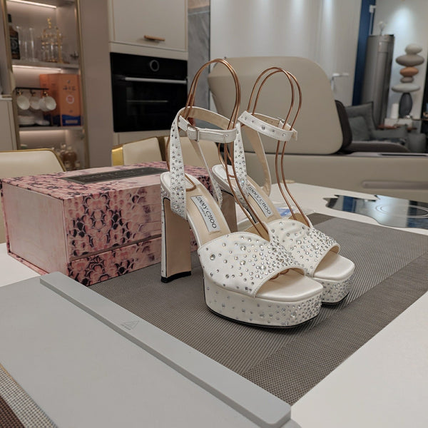 Jimmy 25 Sandalo con Plateau e Tacco in Raso di Seta Bianco 240013