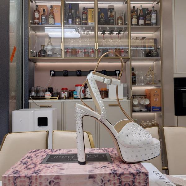 Jimmy 25 Sandalo con Plateau e Tacco in Raso di Seta Bianco 240013