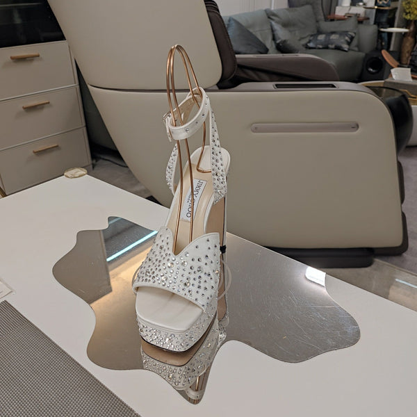 Jimmy 25 Sandalo con Plateau e Tacco in Raso di Seta Bianco 240013