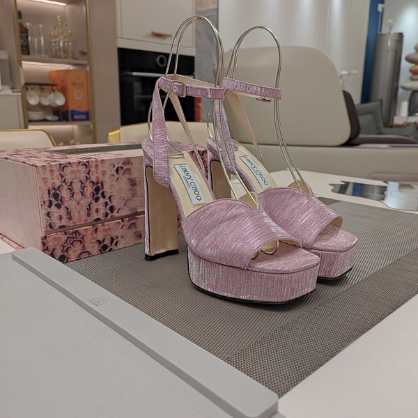 Jimmy 25 Sandalo con Plateau e Tacco in Pizzo Rosa Tessuto Satinato 240014