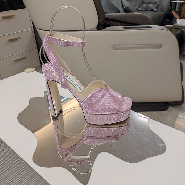 Jimmy 25 Sandalo con Plateau e Tacco in Pizzo Rosa Tessuto Satinato 240014