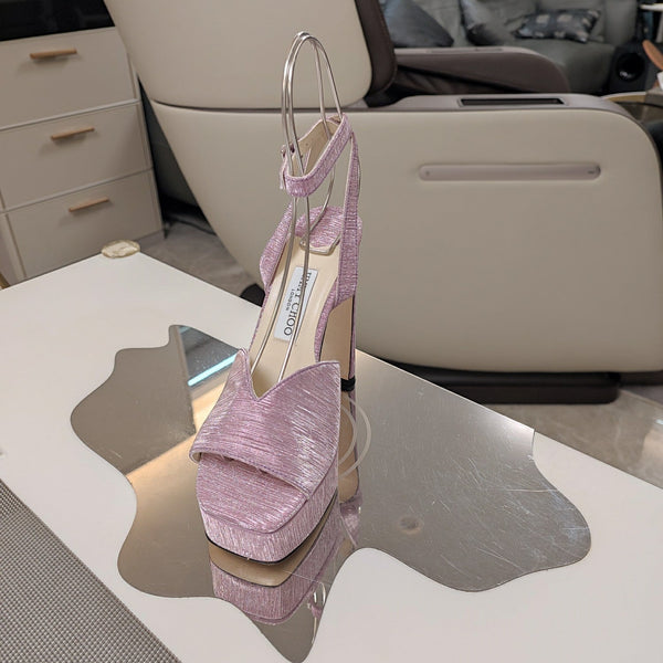 Jimmy 25 Sandalo con Plateau e Tacco in Pizzo Rosa Tessuto Satinato 240014