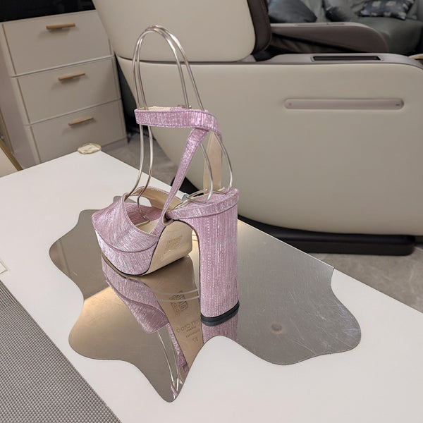 Jimmy 25 Sandalo con Plateau e Tacco in Pizzo Rosa Tessuto Satinato 240014