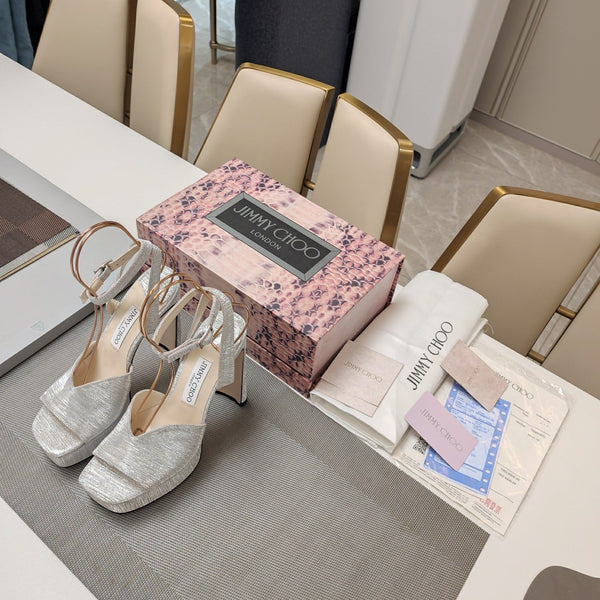 Jimmy 25 Platform Sandal Heels Silver Satin Fabric 240016