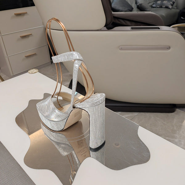 Jimmy 25 Platform Sandal Heels Silver Satin Fabric 240016