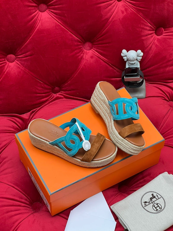 HM Lthea Espadrille Brown Mix Blue Suede And Jute Rope 969490