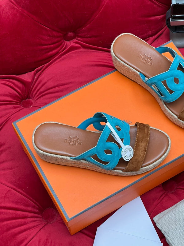 HM Lthea Espadrille Brown Mix Blue Suede And Jute Rope 969490