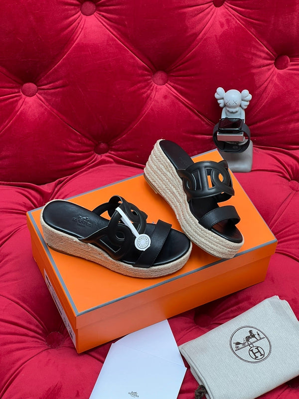 HM Lthea Espadrille Black Calfskin And Jute Rope 969498