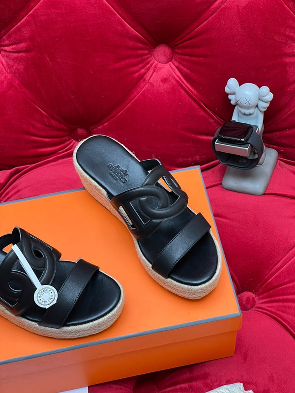 HM Lthea Espadrille Black Calfskin And Jute Rope 969498