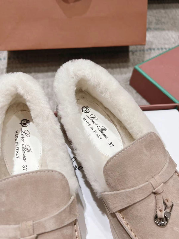 LP Summer Charms Walk Loafers Light Brown Beige Mix White Suede With Rabbit Fur Lining 206250