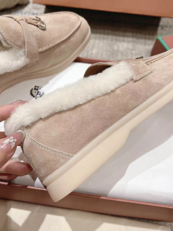 LP Summer Charms Walk Loafers Light Brown Beige Mix White Suede With Rabbit Fur Lining 206250