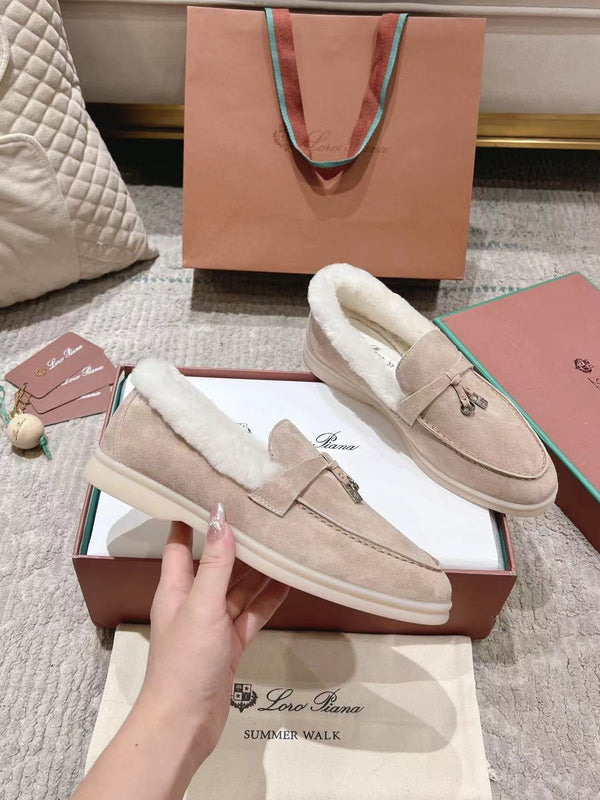LP Summer Charms Walk Loafers Light Brown Beige Mix White Suede With Rabbit Fur Lining 206250