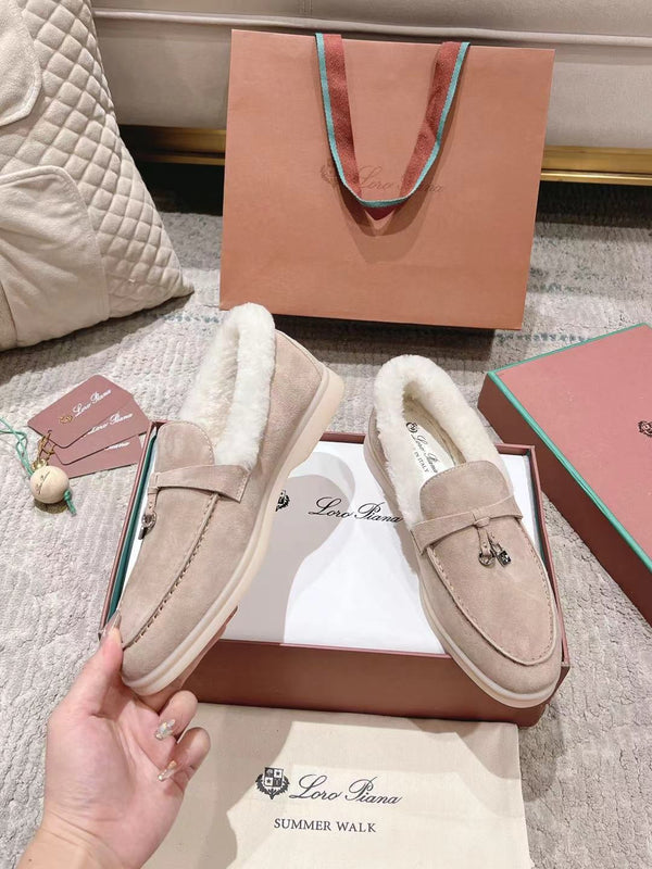 LP Summer Charms Walk Loafers Light Brown Beige Mix White Suede With Rabbit Fur Lining 206250