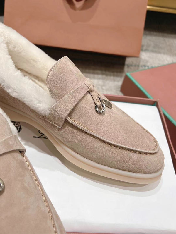 LP Summer Charms Walk Loafers Light Brown Beige Mix White Suede With Rabbit Fur Lining 206250
