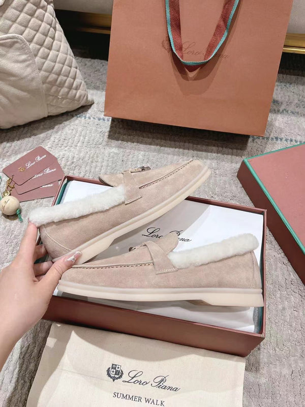 LP Summer Charms Walk Loafers Light Brown Beige Mix White Suede With Rabbit Fur Lining 206250