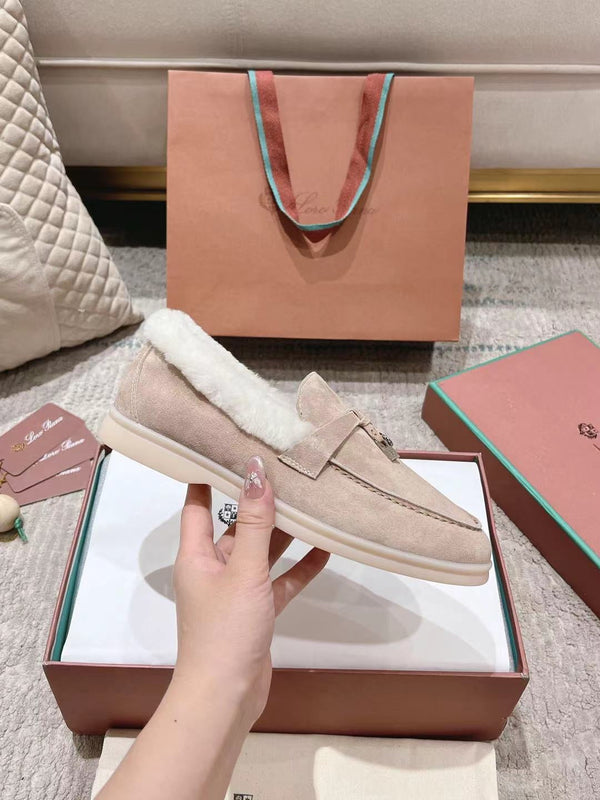 LP Summer Charms Walk Loafers Light Brown Beige Mix White Suede With Rabbit Fur Lining 206250