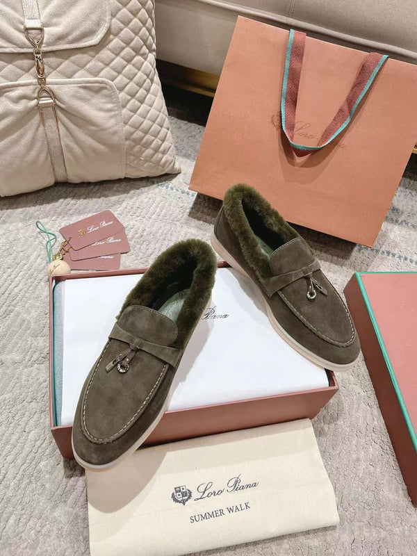 LP Summer Charms Walk Loafers Army Green Suede With Rabbit Fur Lining 206251