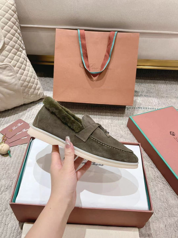 LP Summer Charms Walk Loafers Army Green Suede With Rabbit Fur Lining 206251