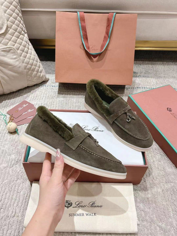 LP Summer Charms Walk Loafers Army Green Suede With Rabbit Fur Lining 206251