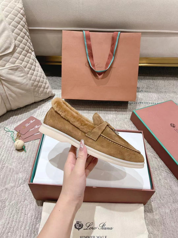 LP Summer Charms Walk Loafers Marigold Brown Suede With Rabbit Fur Lining 206258