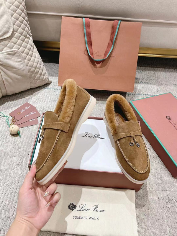 LP Summer Charms Walk Loafers Marigold Brown Suede With Rabbit Fur Lining 206258