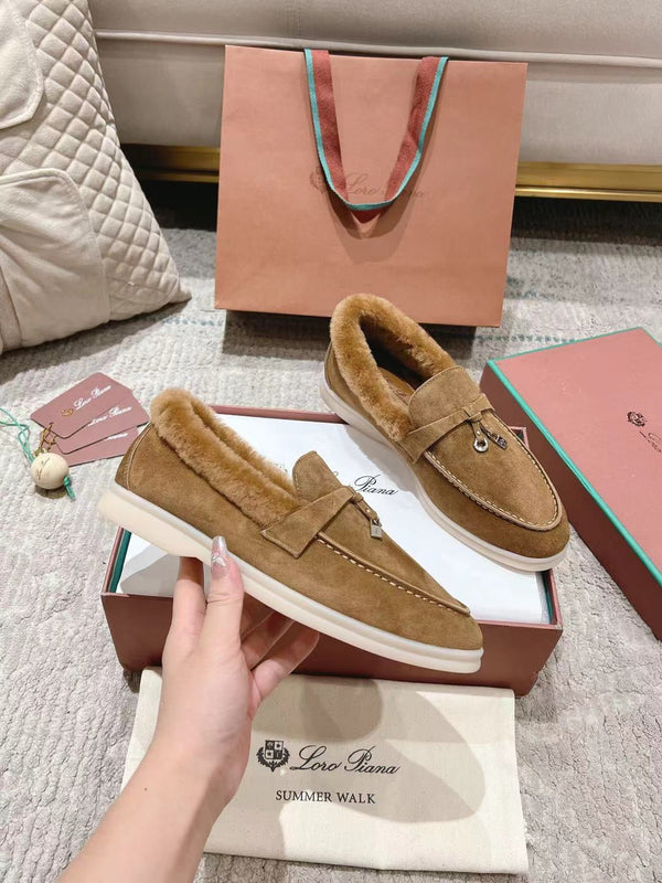 LP Summer Charms Walk Loafers Marigold Brown Suede With Rabbit Fur Lining 206258