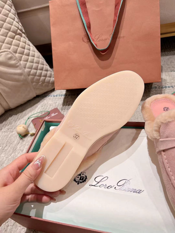 LP Charms Walk Babouche Loafer Pink Pastel Suede With Rabbit Fur Lining 206225