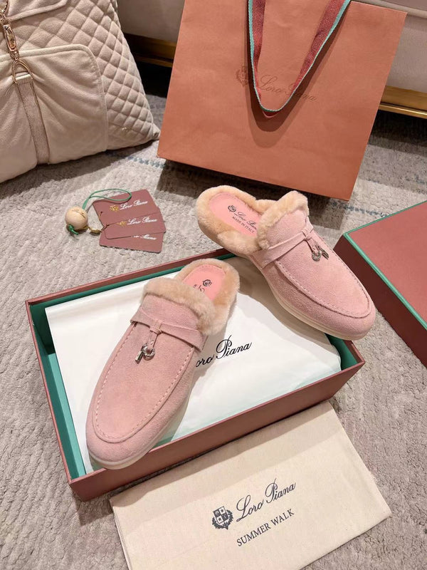 LP Charms Walk Babouche Loafer Pink Pastel Suede With Rabbit Fur Lining 206225