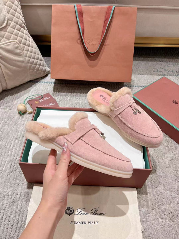 LP Charms Walk Babouche Loafer Pink Pastel Suede With Rabbit Fur Lining 206225