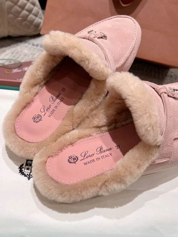 LP Charms Walk Babouche Loafer Pink Pastel Suede With Rabbit Fur Lining 206225