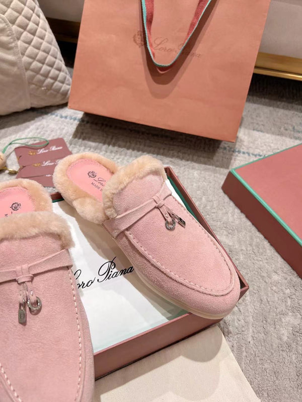 LP Charms Walk Babouche Loafer Pink Pastel Suede With Rabbit Fur Lining 206225