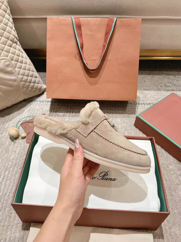 LP Charms Walk Babouche Loafer Sand Brown Suede With Rabbit Fur Lining 206226