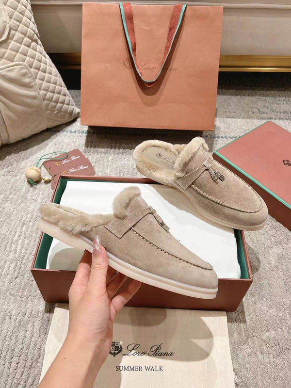 LP Charms Walk Babouche Loafer Sand Brown Suede With Rabbit Fur Lining 206226