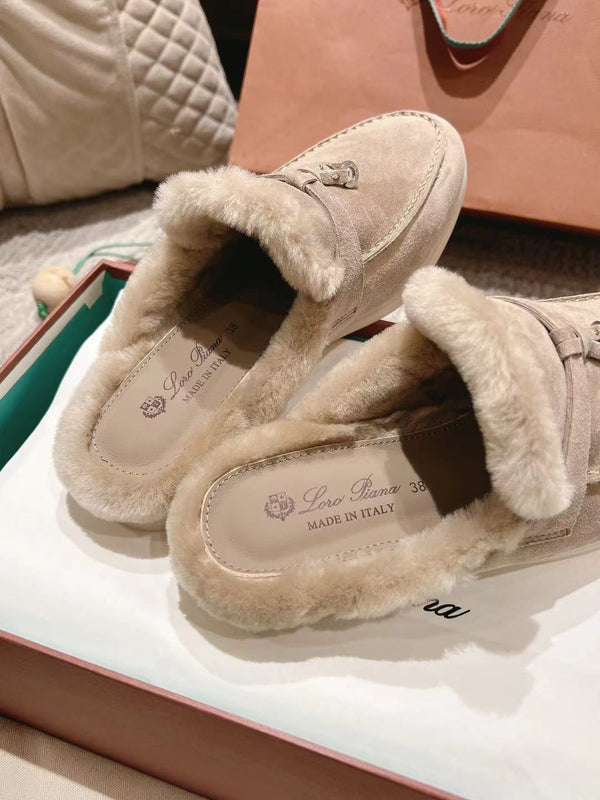 LP Charms Walk Babouche Loafer Sand Brown Suede With Rabbit Fur Lining 206226