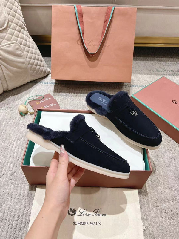 Mocassino LP Charms Walk Babouche in pelle scamosciata blu spazio con fodera in pelliccia di coniglio 206227