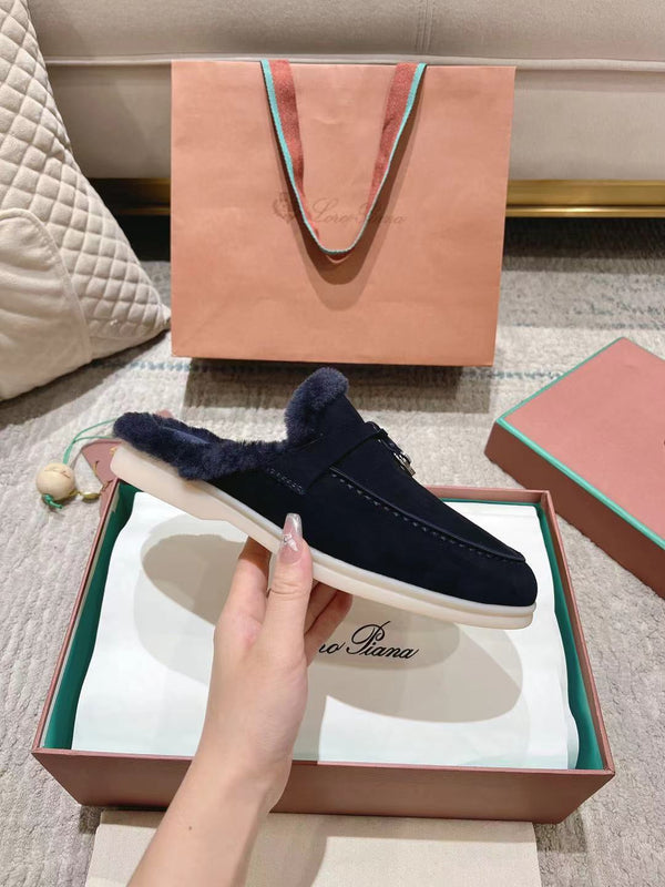 Mocassino LP Charms Walk Babouche in pelle scamosciata blu spazio con fodera in pelliccia di coniglio 206227