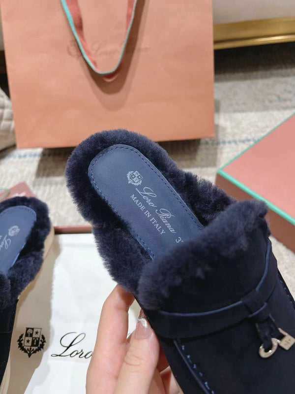 Mocassino LP Charms Walk Babouche in pelle scamosciata blu spazio con fodera in pelliccia di coniglio 206227