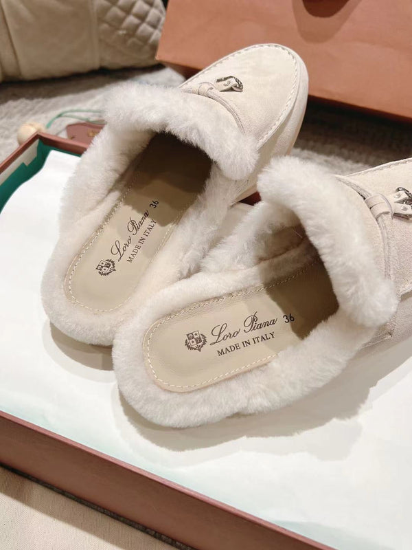 Mocassino LP Charms Walk Babouche in pelle scamosciata bianca con fodera in pelliccia di coniglio 206231