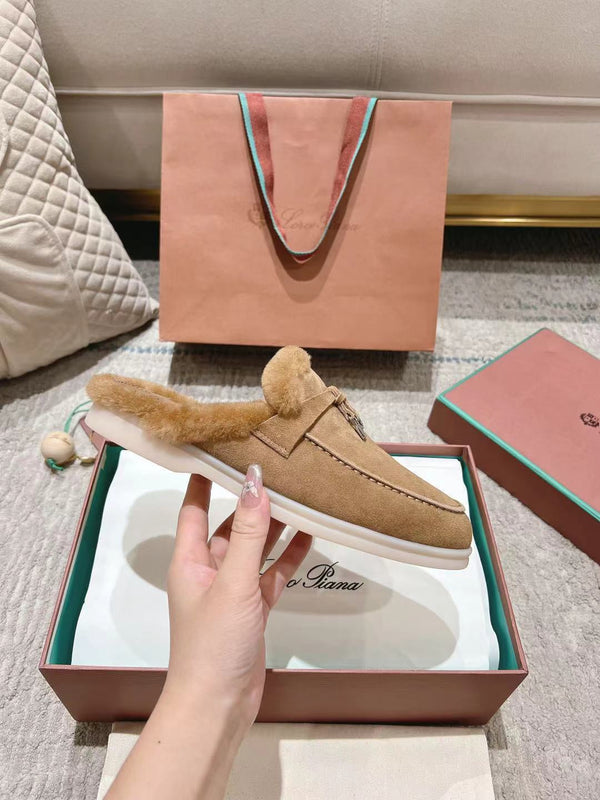 LP Charms Walk Babouche Loafer Marigold Brown Suede With Rabbit Fur Lining 206232