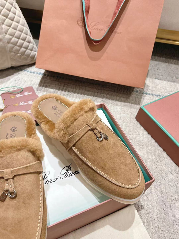 LP Charms Walk Babouche Loafer Marigold Brown Suede With Rabbit Fur Lining 206232