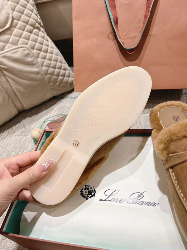 LP Charms Walk Babouche Loafer Marigold Brown Suede With Rabbit Fur Lining 206232