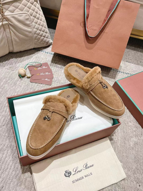 LP Charms Walk Babouche Loafer Marigold Brown Suede With Rabbit Fur Lining 206232