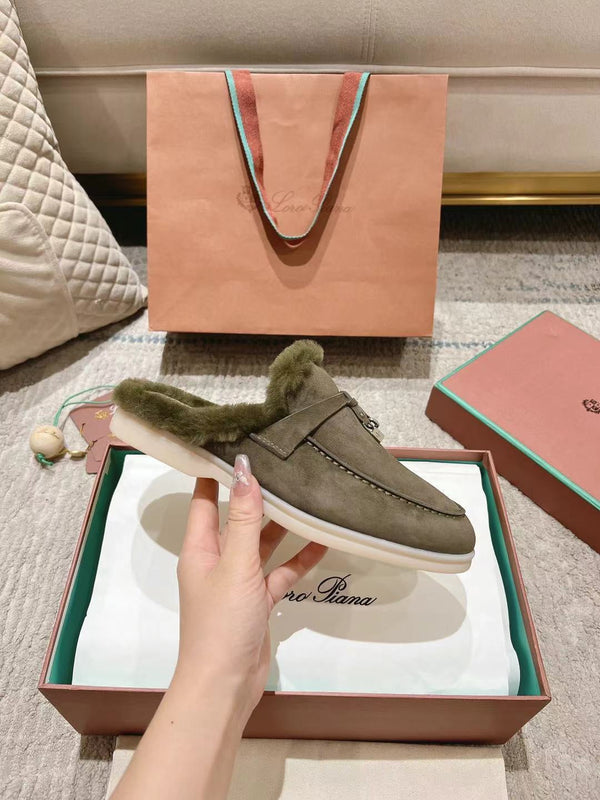 Mocassino LP Charms Walk Babouche in pelle scamosciata verde militare con fodera in pelliccia di coniglio 206233