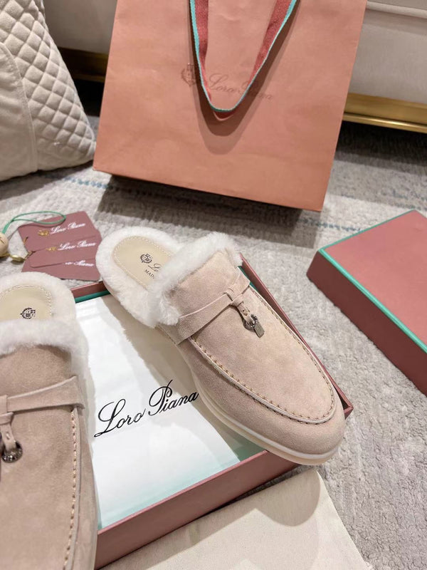 LP Charms Walk Babouche Loafer Light Brown Beige Mix White Suede With Rabbit Fur Lining 206237